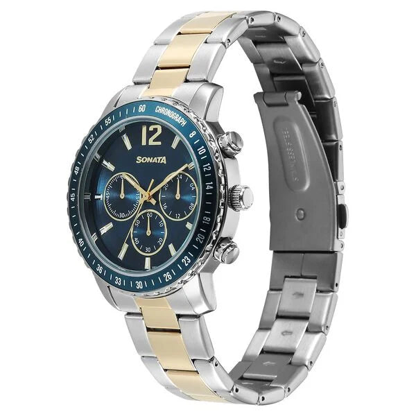 Sonata 77188KM01 | Sonata Chronos Quartz Analog with Date Blue Dial Two Toned Colour Stainless Steel Strap Watch For Men