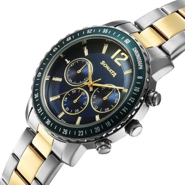 Sonata 77188KM01 | Sonata Chronos Quartz Analog with Date Blue Dial Two Toned Colour Stainless Steel Strap Watch For Men