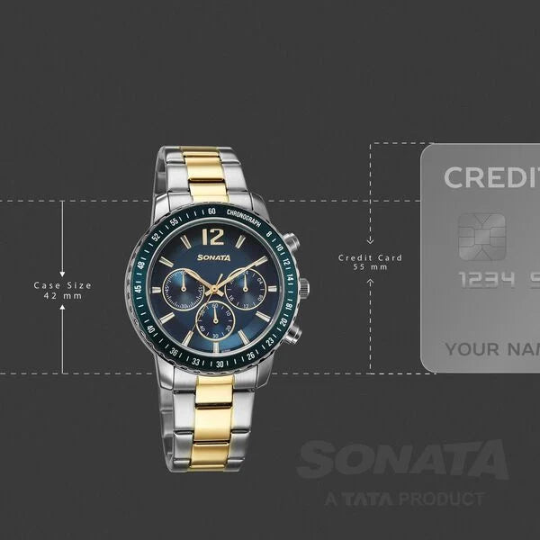 Sonata 77188KM01 | Sonata Chronos Quartz Analog with Date Blue Dial Two Toned Colour Stainless Steel Strap Watch For Men