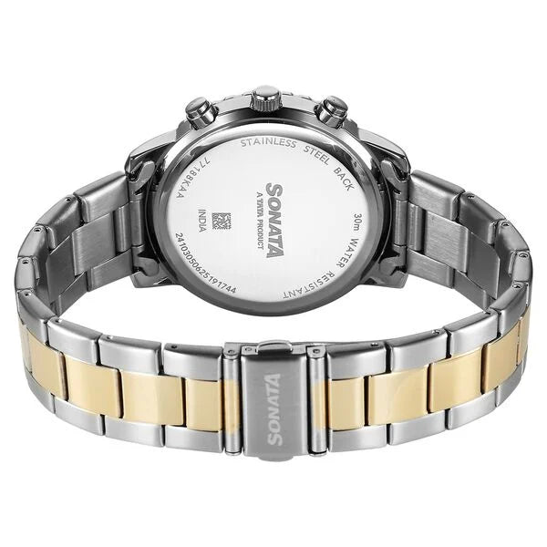 Sonata 77188KM01 | Sonata Chronos Quartz Analog with Date Blue Dial Two Toned Colour Stainless Steel Strap Watch For Men
