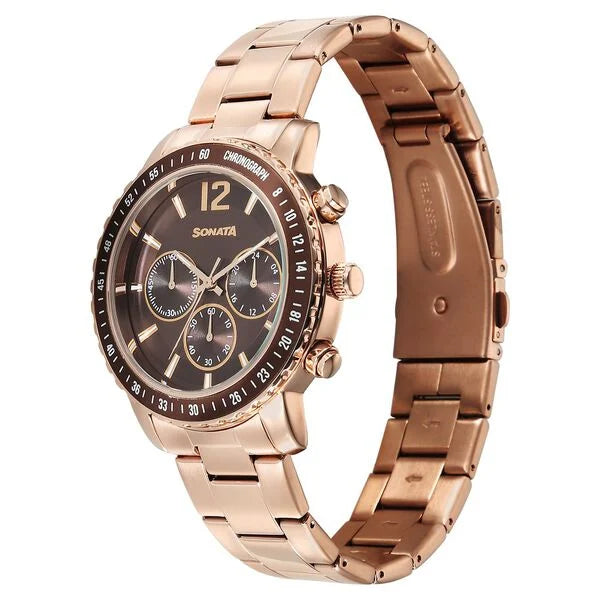 Sonata 77188KM02 | Sonata Chronos Quartz Analog with Date Brown Dial Rose Gold Colour Stainless Steel Strap Watch For Men