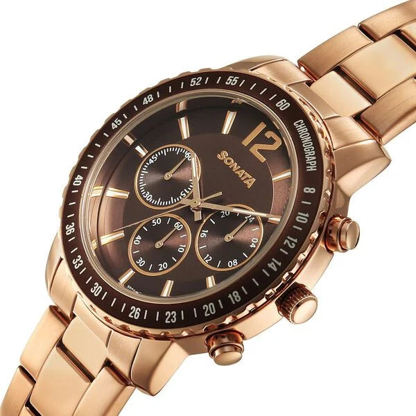 Sonata 77188KM02 | Sonata Chronos Quartz Analog with Date Brown Dial Rose Gold Colour Stainless Steel Strap Watch For Men