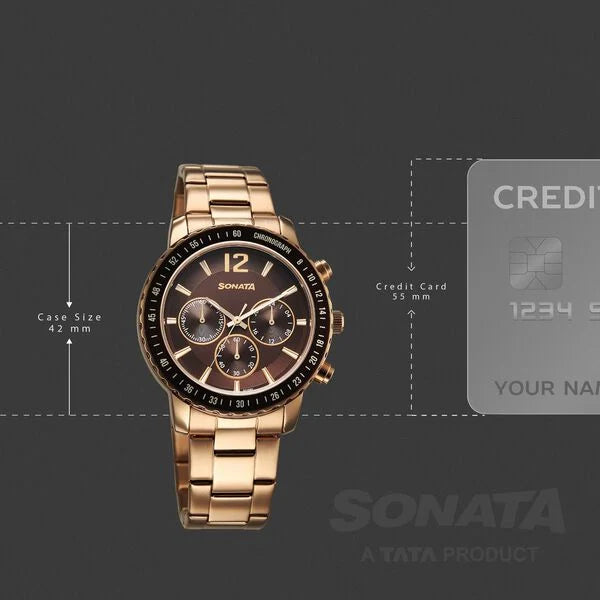 Sonata 77188KM02 | Sonata Chronos Quartz Analog with Date Brown Dial Rose Gold Colour Stainless Steel Strap Watch For Men