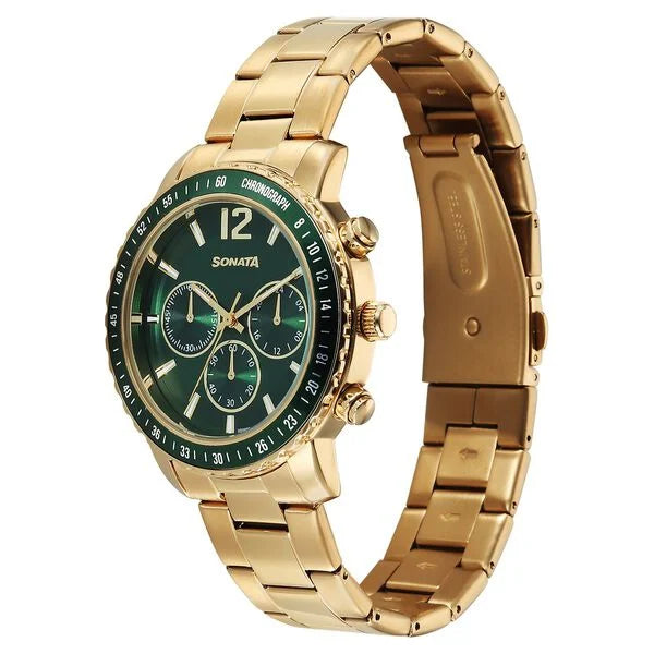 Sonata 77188KM03 | Sonata Chronos Quartz Analog with Date Green Dial Golden Colour Stainless Steel Strap Watch For Men