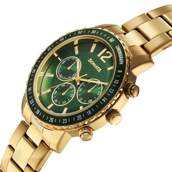 Sonata 77188KM03 | Sonata Chronos Quartz Analog with Date Green Dial Golden Colour Stainless Steel Strap Watch For Men