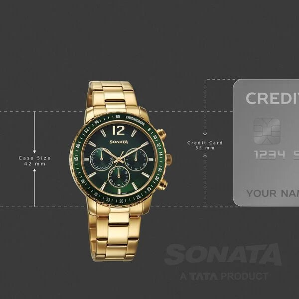 Sonata 77188KM03 | Sonata Chronos Quartz Analog with Date Green Dial Golden Colour Stainless Steel Strap Watch For Men