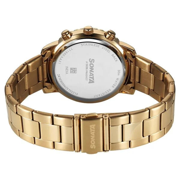 Sonata 77188KM03 | Sonata Chronos Quartz Analog with Date Green Dial Golden Colour Stainless Steel Strap Watch For Men