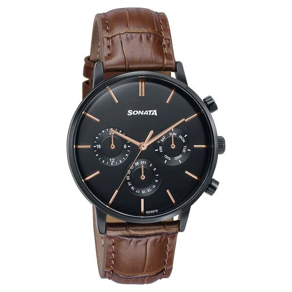 Sonata 77191NL01 | Sonata Festive Quartz Multifunction Black Dial Brown Leather Strap Watch For Men