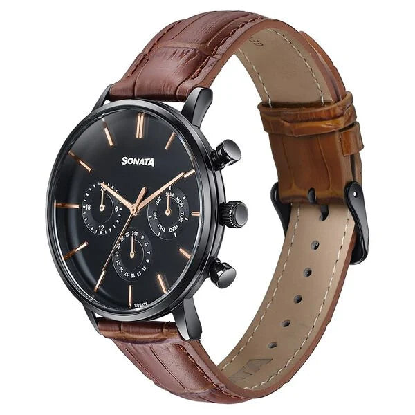 Sonata 77191NL01 | Sonata Festive Quartz Multifunction Black Dial Brown Leather Strap Watch For Men