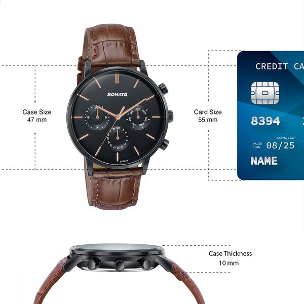 Sonata 77191NL01 | Sonata Festive Quartz Multifunction Black Dial Brown Leather Strap Watch For Men