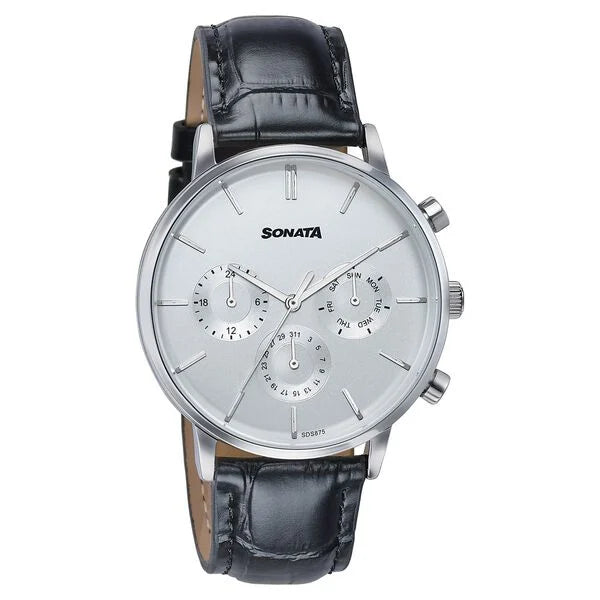 Sonata 77191SL01 | Sonata Festive Quartz Multifunction Silver Dial Black Leather Strap Watch For Men