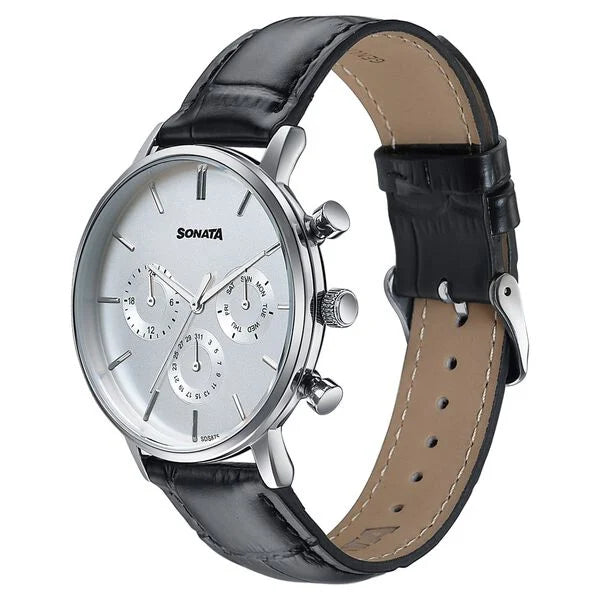Sonata 77191SL01 | Sonata Festive Quartz Multifunction Silver Dial Black Leather Strap Watch For Men