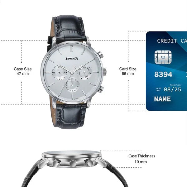 Sonata 77191SL01 | Sonata Festive Quartz Multifunction Silver Dial Black Leather Strap Watch For Men
