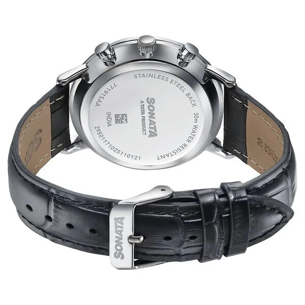 Sonata 77191SL01 | Sonata Festive Quartz Multifunction Silver Dial Black Leather Strap Watch For Men