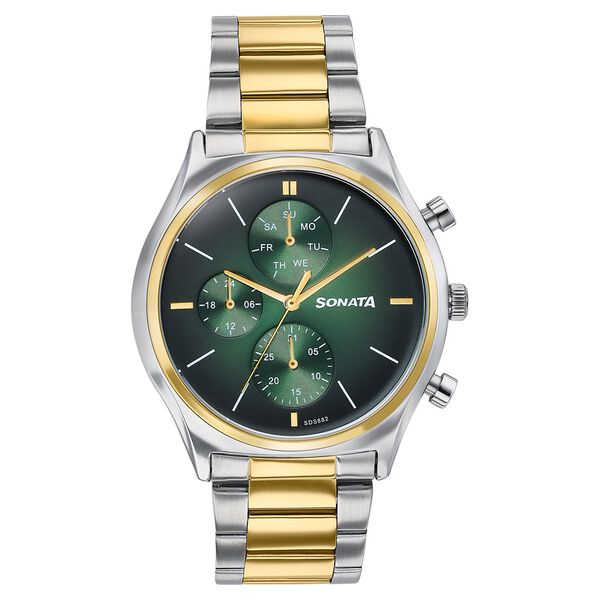 Sonata 77192BM01 | Sonata Festive Quartz Multifunction Green Dial Two Toned Metal Strap Watch For Men