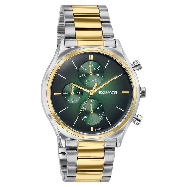 Sonata 77192BM01 | Sonata Festive Quartz Multifunction Green Dial Two Toned Metal Strap Watch For Men