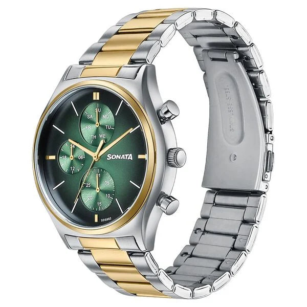 Sonata 77192BM01 | Sonata Festive Quartz Multifunction Green Dial Two Toned Metal Strap Watch For Men