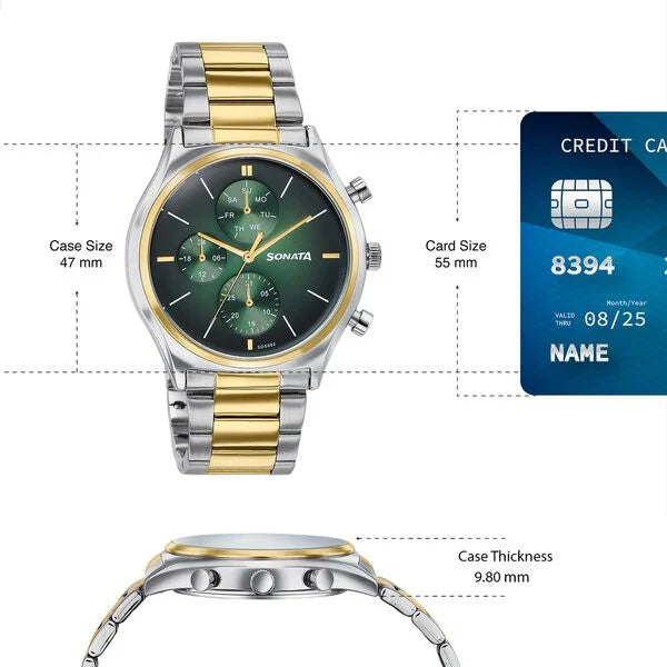 Sonata 77192BM01 | Sonata Festive Quartz Multifunction Green Dial Two Toned Metal Strap Watch For Men