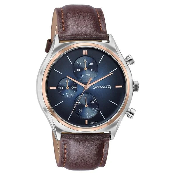 Sonata 77192KL01 | Sonata Festive Quartz Multifunction Blue Dial Brown Leather Strap Watch For Men