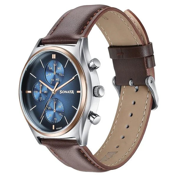 Sonata 77192KL01 | Sonata Festive Quartz Multifunction Blue Dial Brown Leather Strap Watch For Men