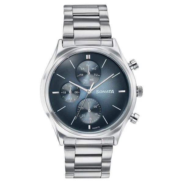 Sonata 77192SM01 | Sonata Festive Quartz Multifunction Blue Dial Silver Metal Strap Watch For Men
