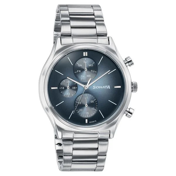 Sonata 77192SM01 | Sonata Festive Quartz Multifunction Blue Dial Silver Metal Strap Watch For Men