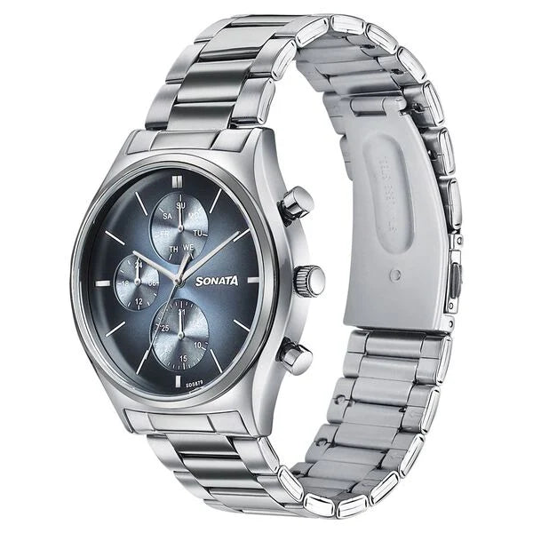 Sonata 77192SM01 | Sonata Festive Quartz Multifunction Blue Dial Silver Metal Strap Watch For Men