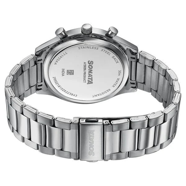 Sonata 77192SM01 | Sonata Festive Quartz Multifunction Blue Dial Silver Metal Strap Watch For Men