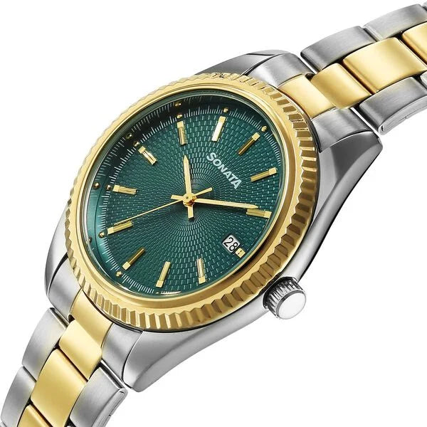 Sonata 77198BM01 | Sonata Festive Quartz Analog with Date Teal Dial Metal Strap Watch For Men