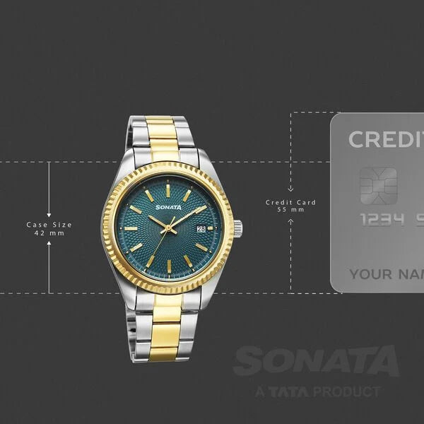 Sonata 77198BM01 | Sonata Festive Quartz Analog with Date Teal Dial Metal Strap Watch For Men
