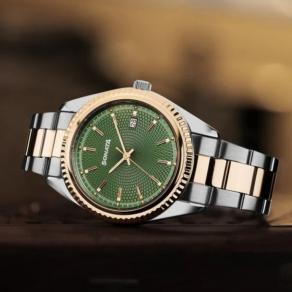 Sonata 77198KM01 | Sonata Festive Quartz Analog with Date Green Dial Metal Strap Watch For Men
