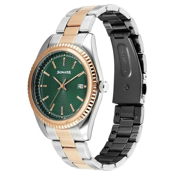 Sonata 77198KM01 | Sonata Festive Quartz Analog with Date Green Dial Metal Strap Watch For Men