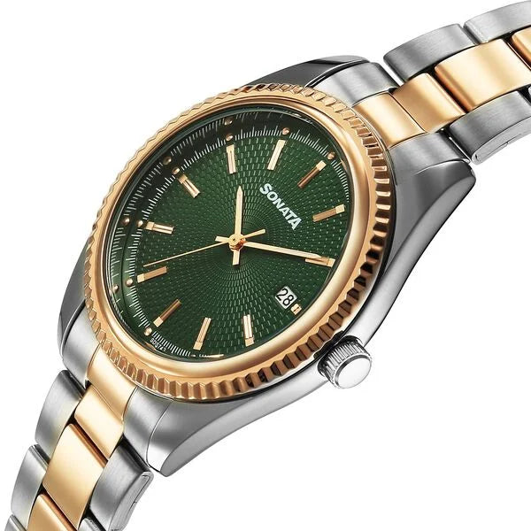 Sonata 77198KM01 | Sonata Festive Quartz Analog with Date Green Dial Metal Strap Watch For Men