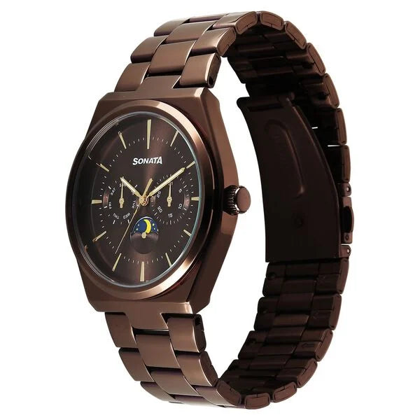 Sonata 77202QM01 | Sonata Festive Quartz Analog Brown Dial Metal Strap Watch For Men
