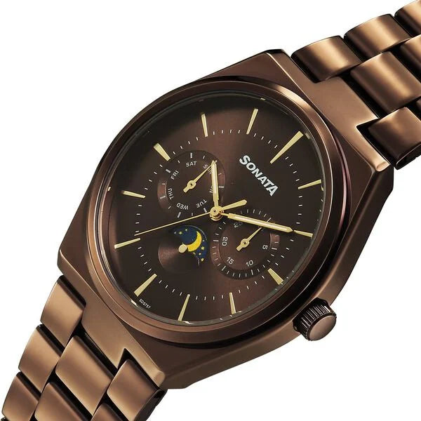 Sonata 77202QM01 | Sonata Festive Quartz Analog Brown Dial Metal Strap Watch For Men