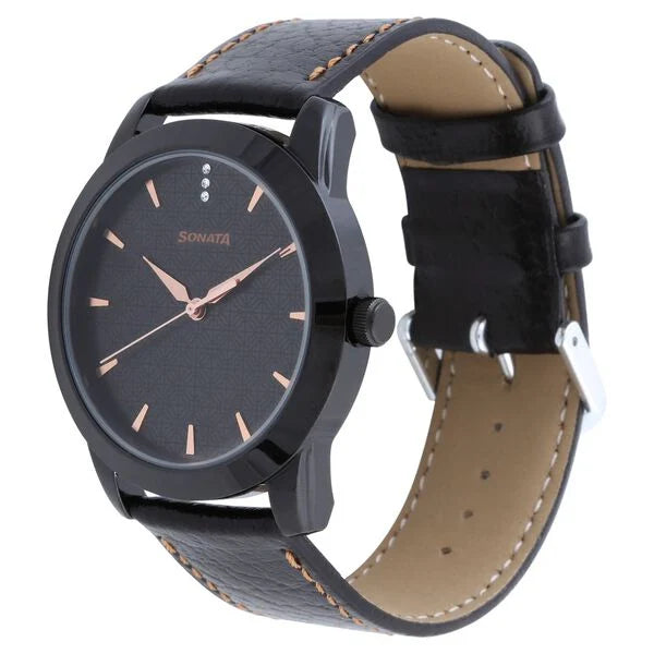 Sonata NR7924NL01 | Sonata Quartz Analog Black Dial Leather Strap Watch for Men