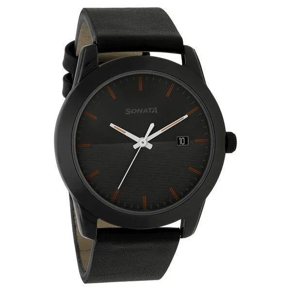 Sonata NP7924NL02 | Sonata Quartz Analog with Date Anthracite Dial Leather Strap Watch for Men