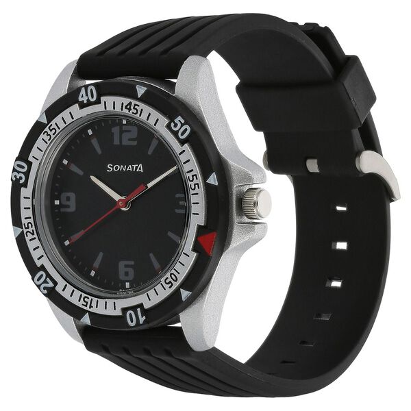 Sonata NS7930PP02 | SF Quartz Analog Black Dial Plastic Strap Watch for Men