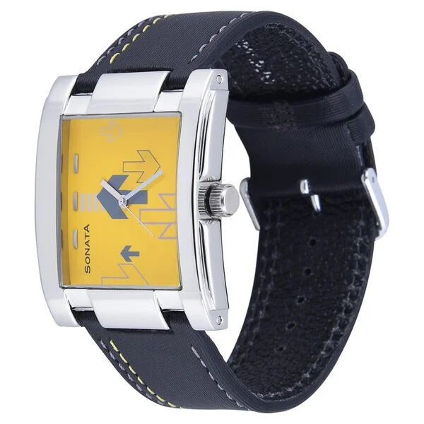 Sonata NJ7946SL01AC | Sonata Quartz Analog Yellow Dial Leather Strap Watch for Men