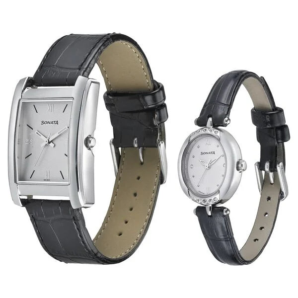 Sonata Pair 79538118SL01 | Sonata Quartz Analog White Dial Leather Strap Watch for Couple