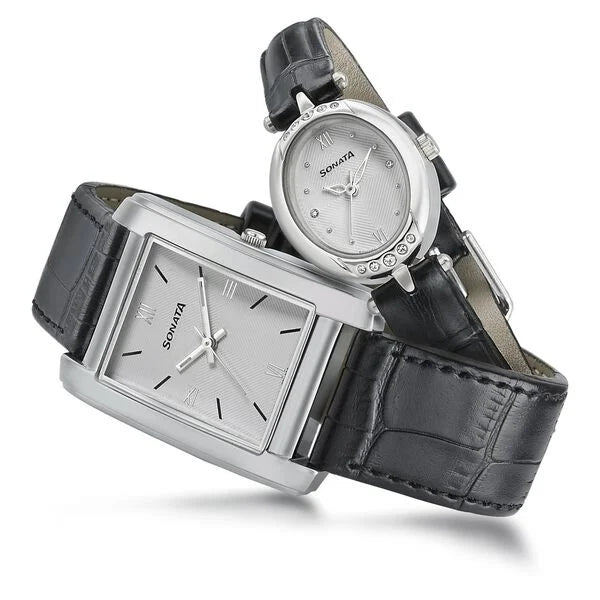 Sonata Pair 79538118SL01 | Sonata Quartz Analog White Dial Leather Strap Watch for Couple
