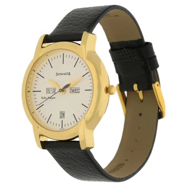 Sonata NK7954YL05 | Sonata Quartz Analog with Day and Date Champagne Dial Leather Strap Watch for Men