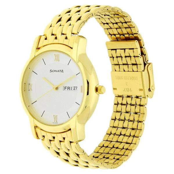 Sonata NP7954YM01W | Sonata Quartz Analog with Day and Date White Dial Stainless Steel Strap Watch for Men