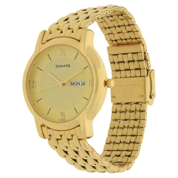 Sonata NP7954YM02W | Sonata Quartz Analog with Day and Date Champagne Dial Metal Strap Watch for Men