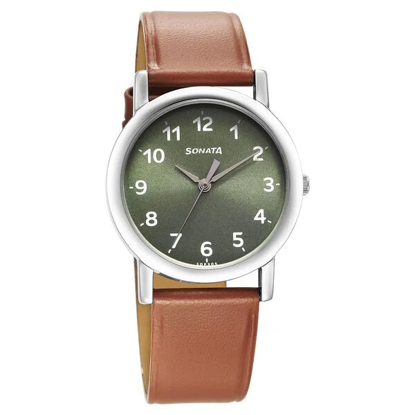 Sonata 7987SL04 | Sonata Classic Quartz Analog Green Dial Brown Leather Strap Watch for Men