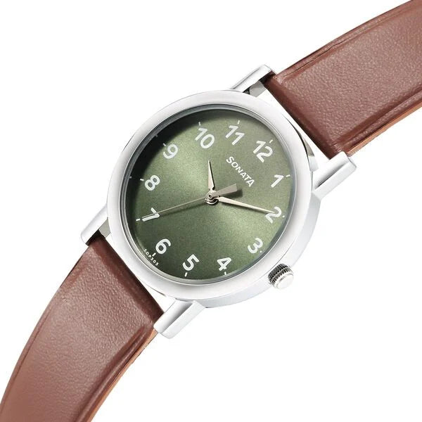 Sonata 7987SL04 | Sonata Classic Quartz Analog Green Dial Brown Leather Strap Watch for Men
