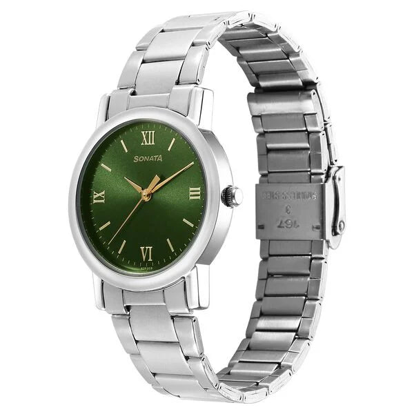 Sonata 7987SM10 | Sonata Classic Quartz Analog Green Dial Silver Stainless Steel Strap Watch for Men - 33 mm Case Size - Small Dial