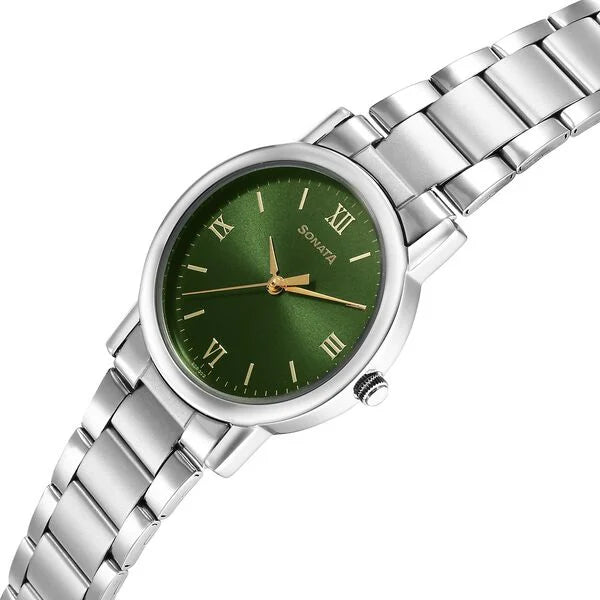 Sonata 7987SM10 | Sonata Classic Quartz Analog Green Dial Silver Stainless Steel Strap Watch for Men - 33 mm Case Size - Small Dial
