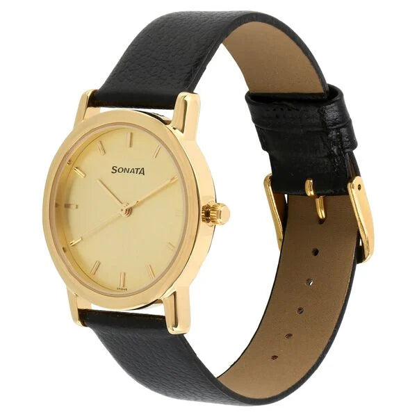 Sonata NP7987YL01W | Sonata Quartz Analog Champagne Dial Leather Strap Watch for Men
