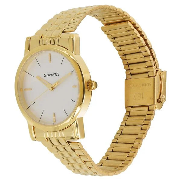 Sonata NP7987YM05W | Sonata Quartz Analog White Dial Metal Strap Watch for Men